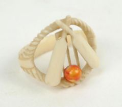 Cricket napkin ring. Attractive ivory/bone napkin ring with stumps and crossed bats with red ball to