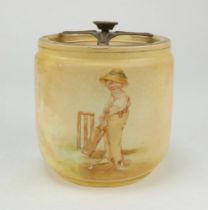 Cricket tobacco jar. A Fielding & Co brown tobacco jar and lid printed to sides with a vignette of a
