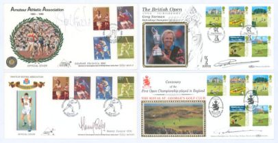 Sporting first day covers. Four covers, each signed by the sportsman featured. Signatures are