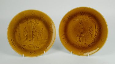 Cricket plate circa 1910. A rare pair of Choisy Le-Roi Majolica mustard coloured cricket plates,