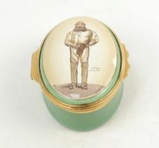 ‘W.G. Grace’. Halcyon Days oval enamelled pill box. The lid decorated with full length figure of