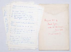 Frank Holmes Tyson. Northamptonshire & England 1952-1960. Thirteen page handwritten manuscript of