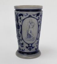 Westerwald stoneware cricket beaker, moulded in relief with three cameo panels of a batsman, after