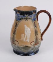 Doulton Lambeth stoneware jug, of bulbous form, moulded with relief vignettes of cricketers, a