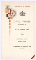 M.C.C. tour to South Africa 1948/49. Official folding menu for the ‘Civic Dinner in honour of the