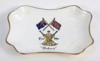 ‘For The Ashes’. Aynsley Pottery oblong pin tray printed in colour with the flags of Australia and