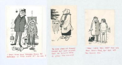 Royman Browne. Cricket artist and illustrator. Three original pen and ink cartoons by Browne. One of