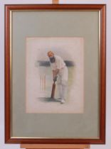 W.G. Grace. Colour lithograph portrait of Grace in batting pose standing in front of cricket