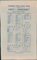 ‘Tunbridge Wells Cricket Week. Kent v. Somerset’ 1911. Original commemorative silk scorecard for the
