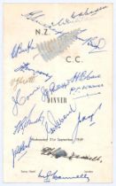 New Zealand tour to England 1949. Official folding menu for the dinner held at the close of the