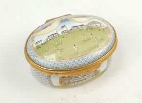 ‘Bicentenary of the M.C.C.’. Halcyon Days oval enamelled pill box. The lid with a cricket match at