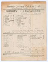 ‘Surrey v. Lancashire’ 1898. Early original double sided scorecard with complete printed scores