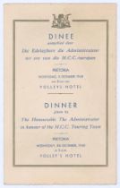 M.C.C. tour of South Africa 1948/49. Rare official menu for the dinner given for the M.C.C. held