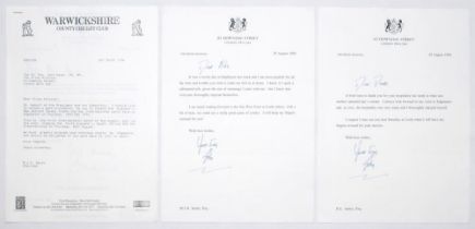 John Major, Prime Minister, visit to Edgbaston 1994. Four typed letters relating to John Major