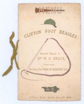 Farewell Dinner to Dr W.G. Grace 1898’. Original menu card for the Dinner, given by the Clifton Foot