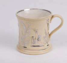Staffordshire waisted cricket mug with strap handle and beaded rim, with cream background and