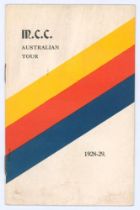 ‘M.C.C. Australian Tour 1928-29’. Rare official 8pp tour itinerary with decorative card wrappers for