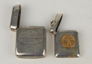 Cricket vesta. Silver vesta case with engraved presentation inscription ‘Presented to Mr Geo Bott.