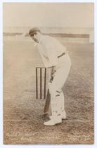 Ralph Whitehead. Lancashire 1908-1914. Sepia real photograph of Whitehead in batting pose, wearing