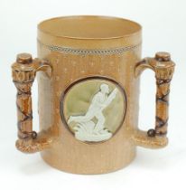 Doulton Lambeth stoneware tyg. Large and impressive three handled tyg with three moulded relief