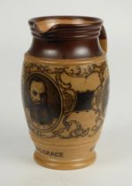 W.G. Grace. Impressive Doulton Lambeth stoneware jug with pale body and dark brown rim, decorated