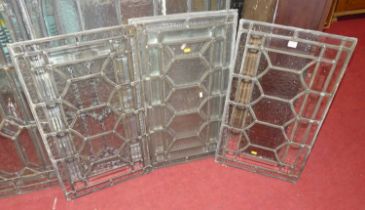 A set of six clear glass lead lights in the Gothic style, each 76 x 43cm