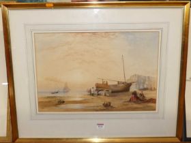 19th century English school - fisher folk on the beach at sunset, watercolour, heightened with