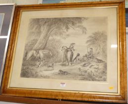 Early 19th century English school - huntsmen with horses and dogs at rest in a landscape, sepia