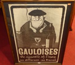 A monochrome advertising poster print for Gauloises French Cigarettes, in glazed frame 76x51cm (