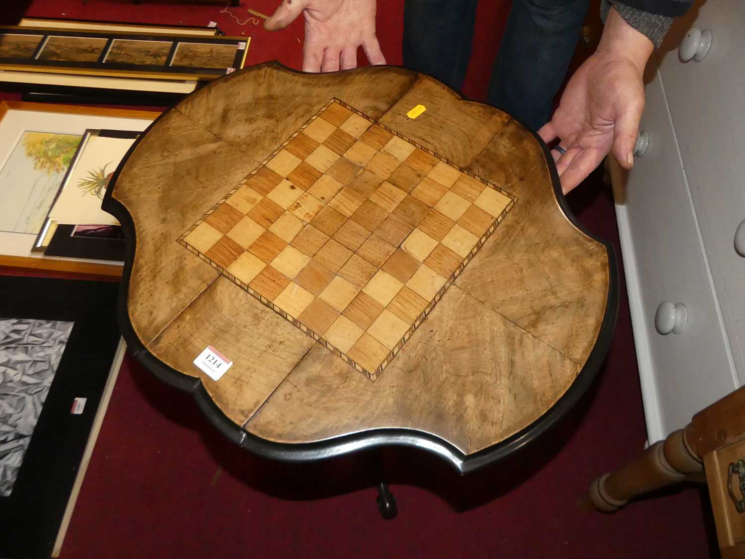 A mid-Victorian figured walnut and inlaid chessboard topped dropflap pedestal occasional games - Image 2 of 2