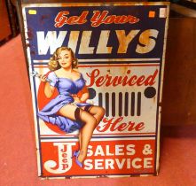 A contemporary laminate on metal wall mounted sign 'Get Your Willys Serviced here', 70 x 50cm