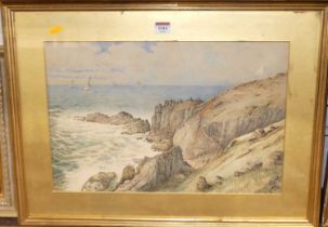 Late 19th century English school - sailing boats off a rocky coastline, watercolour, signed with