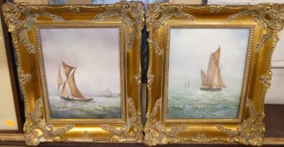 J Pirfield - Sailing boat on calm seas, pair, oil on canvas, 24x19cm