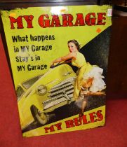 A contemporary laminate on metal wall mounted sign 'My Garage My Rules', 70 x 50cm