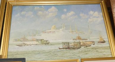 Trevor Crocker (1934-1995) - The Orient Princess at anchor, oil on canvas, 60x90cm together with two