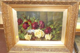 Early 20th century English school - still life with cabbage roses, oil on canvas, signed with