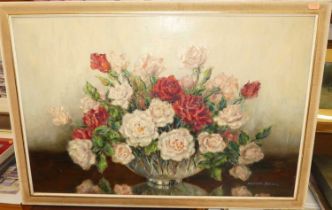 Marion Broom - still life with cabbage roses in a glass bowl, oil on canvas, signed lower right,