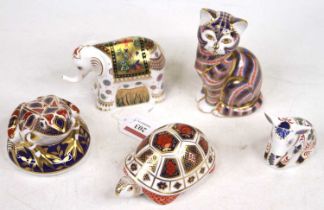 Five Royal Crown Derby models of animals, to include an infant Indian elephant, piglet, turtle,