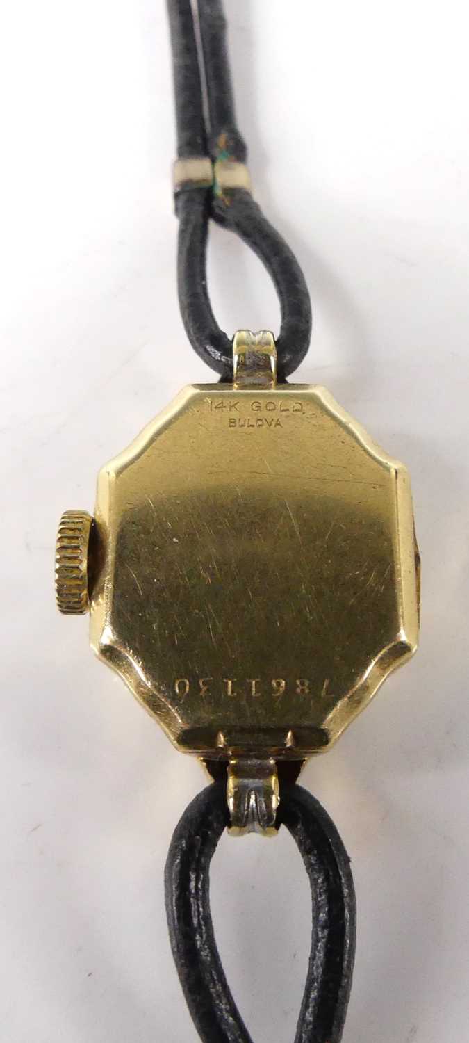 A lady's Bulova 14ct gold cased dress watch, the lugs each set with a small round cut diamond, the - Image 3 of 5