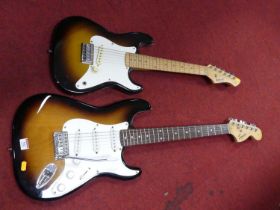 A Squire Tobacco Sunburst Stratocaster electric guitar, together with a Rockwood three-quarter