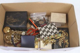 A collection of assorted costume jewellery, ladies evening bag, fashion watch, sundry coins etc