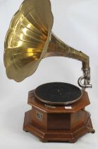 A reproduction Gramophone Company His Master's Voice gramophone, having flared brass horn, with