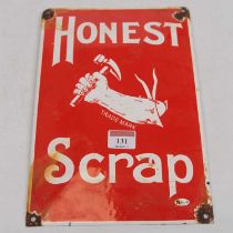 A convex enamel on metal Honest Scrap advertising sign, 30 x 20cm