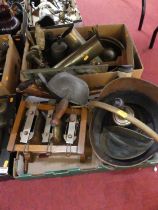 Two boxes of mixed metal wares to include brass artillery shells, brass table cockerels, copper coal