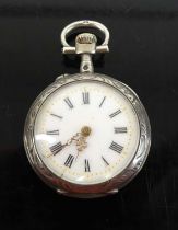A continental silver cased ladies open faced pocket watch having keyless movement, dia. 30mm