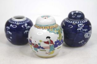 A collection of three Chinese porcelain ginger jars, the largest h.12cm One prunus jar with hairline