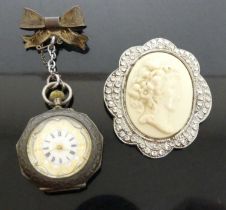 A ladies continental silver cased open face pocket watch having keyless movement and gilded dial,