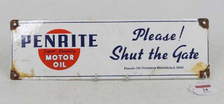 An enamel advertising sign for Penrite Super Quality Motor Oil inscribed 'Please Shut the Gate',