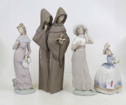 A Lladro bisque porcelain figure group of two nuns reading a book, height 38cm, together with