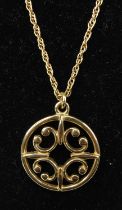 A modern Ola Gorie 9ct gold open work pendant on fine link neck chain, gross weight 9.5g, pendant